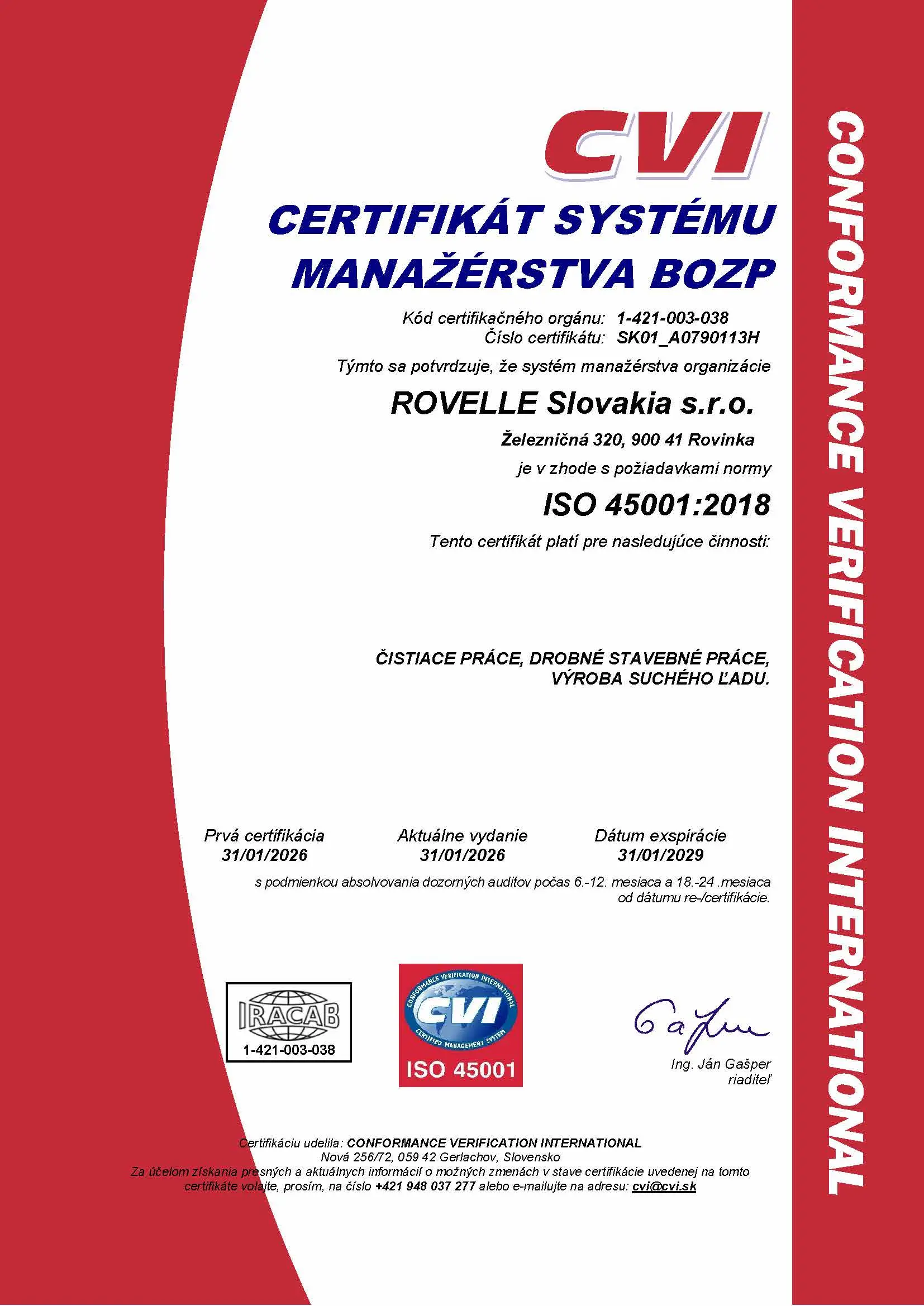 Certifikát ISO 45001 spoločnosti ROVELLE Slovakia s.r.o.